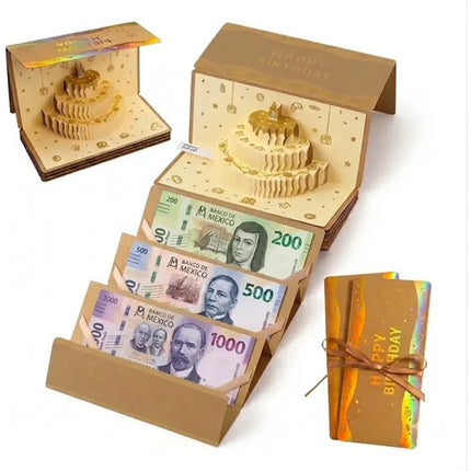 Tarjeta De Cumpleaños Pop Up 3d Porta Dinero Pastel Regalo