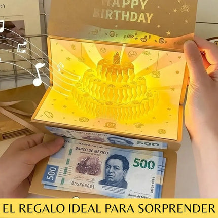 Tarjeta De Cumpleaños 3d Regalo Musica Y Sobre De Dinero Dorado Oscuro