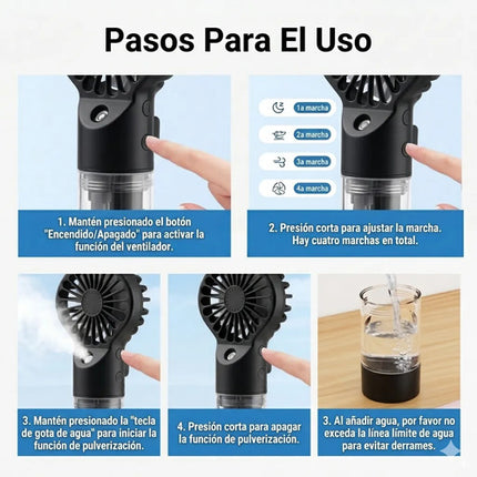 Ventilador Portátil Mano Spray Agua Humidificador Recargable
