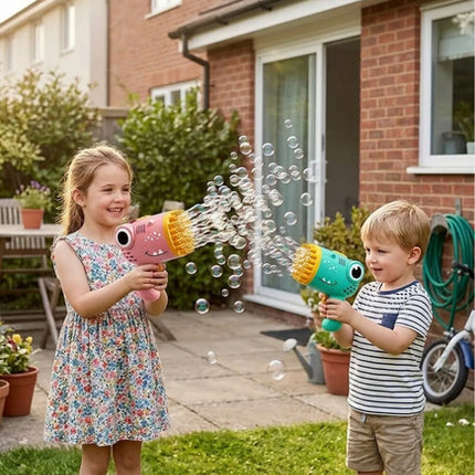 Pistola Maquina Burbujero Automática Juguete Niños Fiesta+10 Sobres de Burbujas