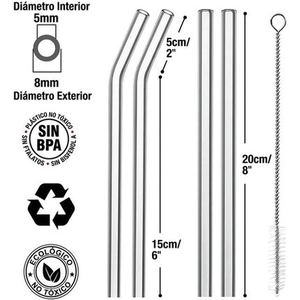 Set 4 Popotes Vidrio Reutilizables Ecológicos + Cepillo Kit