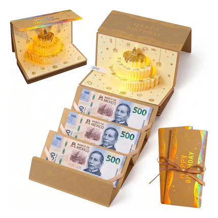 Tarjeta De Cumpleaños Pop Up 3d Porta Dinero Pastel Regalo
