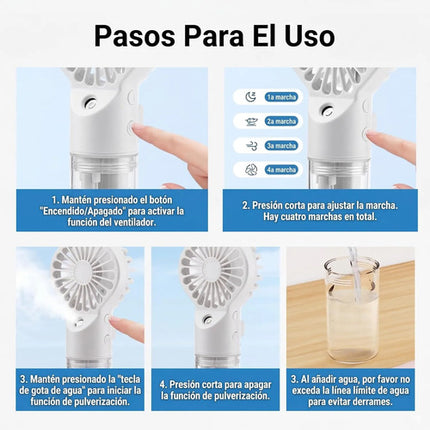 Ventilador Portátil Mano Spray Agua Humidificador Recargable
