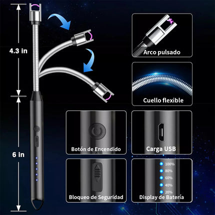 Encendedor Eléctrico Usb Arco Plasma Flexible 360° Sin Llama