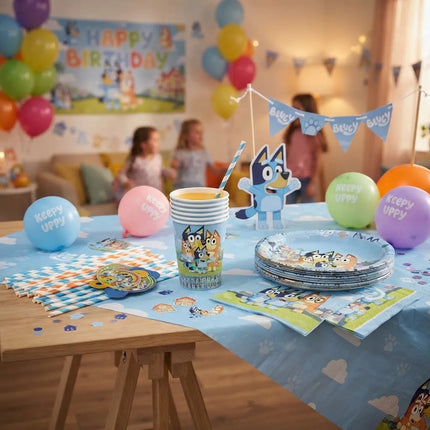 Kit Fiesta Infantil Bluey Platos Vasos Popotes Niños 30 Pzas