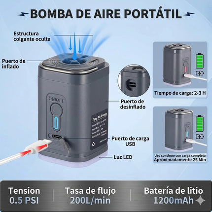 Mini Bomba De Aire Eléctrica Portátil Recargable Led 3 En 1