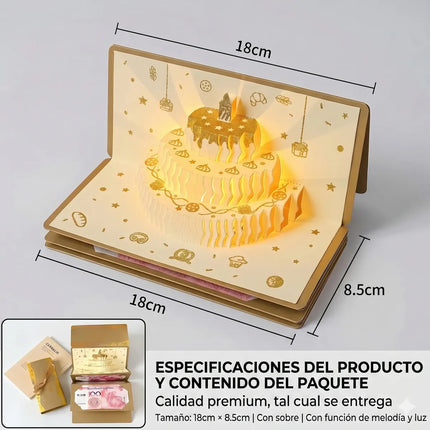 Tarjeta De Cumpleaños 3d Regalo Musica Y Sobre De Dinero Dorado Oscuro