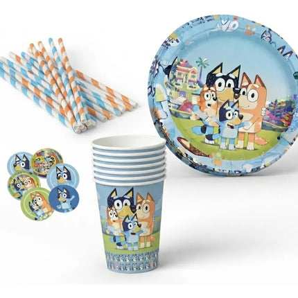 Kit Fiesta Infantil Bluey Platos Vasos Popotes Niños 30 Pzas
