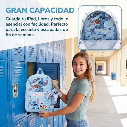 Mochila Escolar Infantil Stitch Con Peluche Niños Escuela