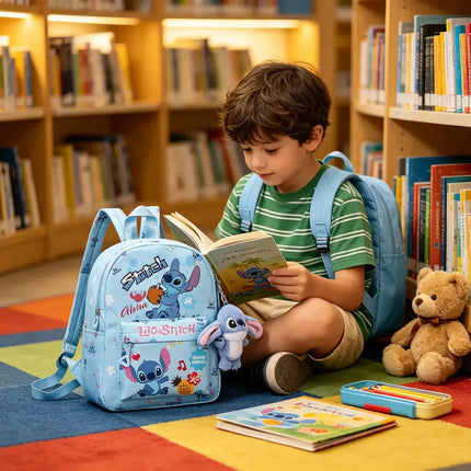Mochila Escolar Infantil Stitch Con Peluche Niños Escuela