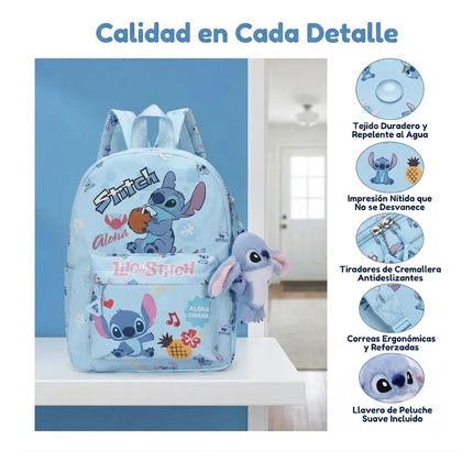 Mochila Escolar Infantil Stitch Con Peluche Niños Escuela