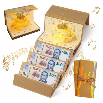 Tarjeta De Cumpleaños 3d Regalo Musica Y Sobre De Dinero Dorado Oscuro