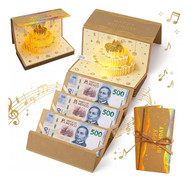 Tarjeta De Cumpleaños 3d Regalo Musica Y Sobre De Dinero Dorado Oscuro