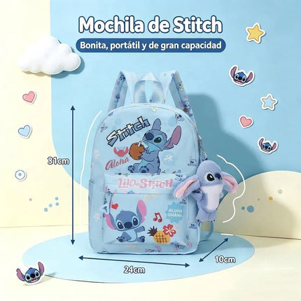Mochila Escolar Infantil Stitch Con Peluche Niños Escuela