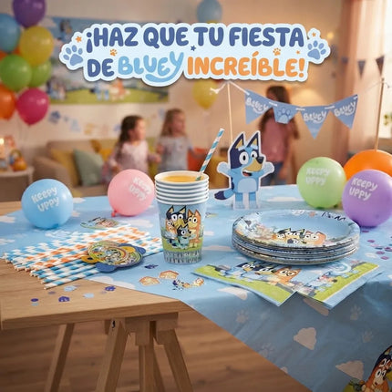 Kit Fiesta Infantil Bluey Platos Vasos Popotes Niños 30 Pzas