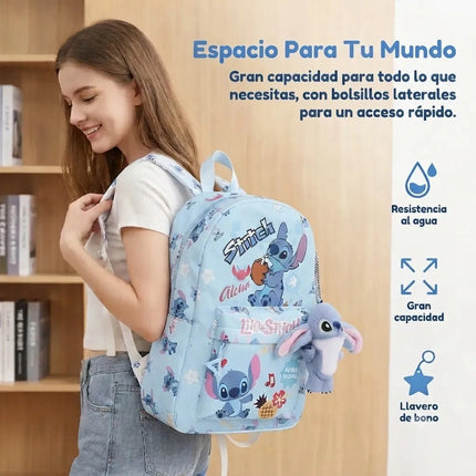 Mochila Escolar Infantil Stitch Con Peluche Niños Escuela