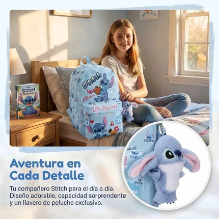 Mochila Escolar Infantil Stitch Con Peluche Niños Escuela