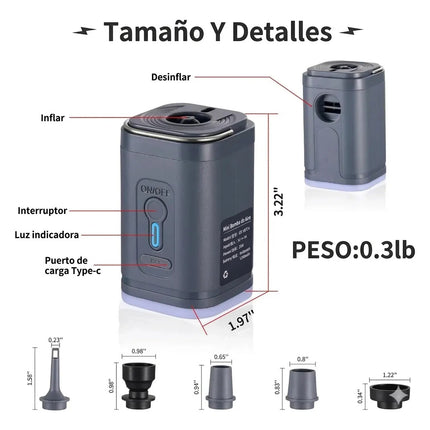 Mini Bomba De Aire Eléctrica Portátil Recargable Led 3 En 1