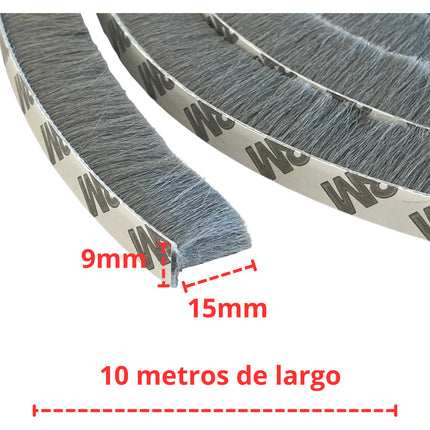 10m Tira Sellado Cepillo Cinta Polvera Puerta Ventana 9x15mm