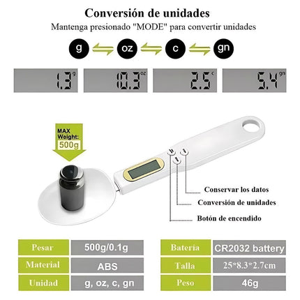 Cuchara Medidora Digital Bascula 500 G Con Pantalla Oz Kg Ml