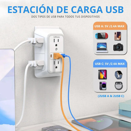 Multicontacto Pared 10 Salidas De Corriente Usb C Regleta