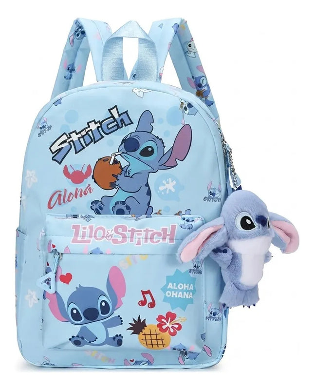 Mochila Escolar Infantil Stitch Con Peluche Niños Escuela