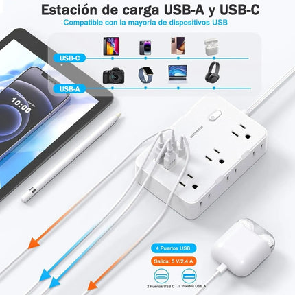 Multicontacto Extension Protector Sobretensión 6 Tomas 4 Usb