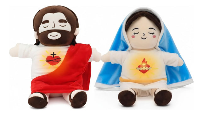 Muñecos de Peluche Virgen María y Jesús Luz Respiración y Sonidos Relajantes Kit Infantil