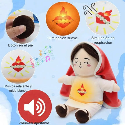 Muñecos de Peluche Virgen María y Jesús Luz Respiración y Sonidos Relajantes Kit Infantil