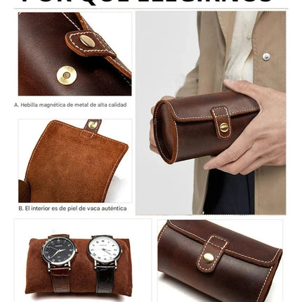 Estuche De Cuero Genuino Para Relojes 2 Espacios Elegante