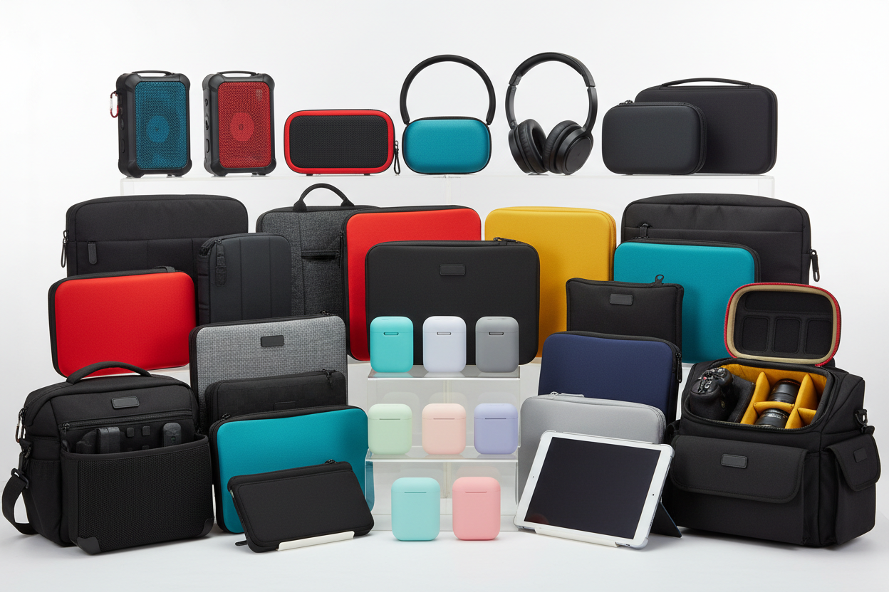 imagen de muchos estuches diferentes, estuche de bocinas portatiles, estuches de estetoscopios, estuches de audifonos, estuches para airpods, estuches para computadoras, etc...